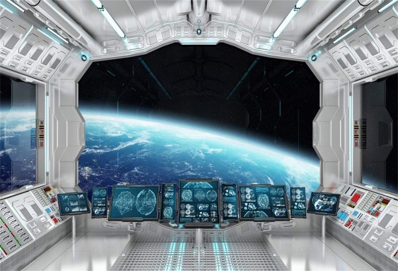 Leyiyi 10x8ft Spaceship Interior Backdrop 3D Universe Workshop Outer Space Travel Science Explore Station Earth Vista Photo Background Cowboy Kids Birthday Portrait Shoot Studio Vinyl Prop Wallpaper - Image 1